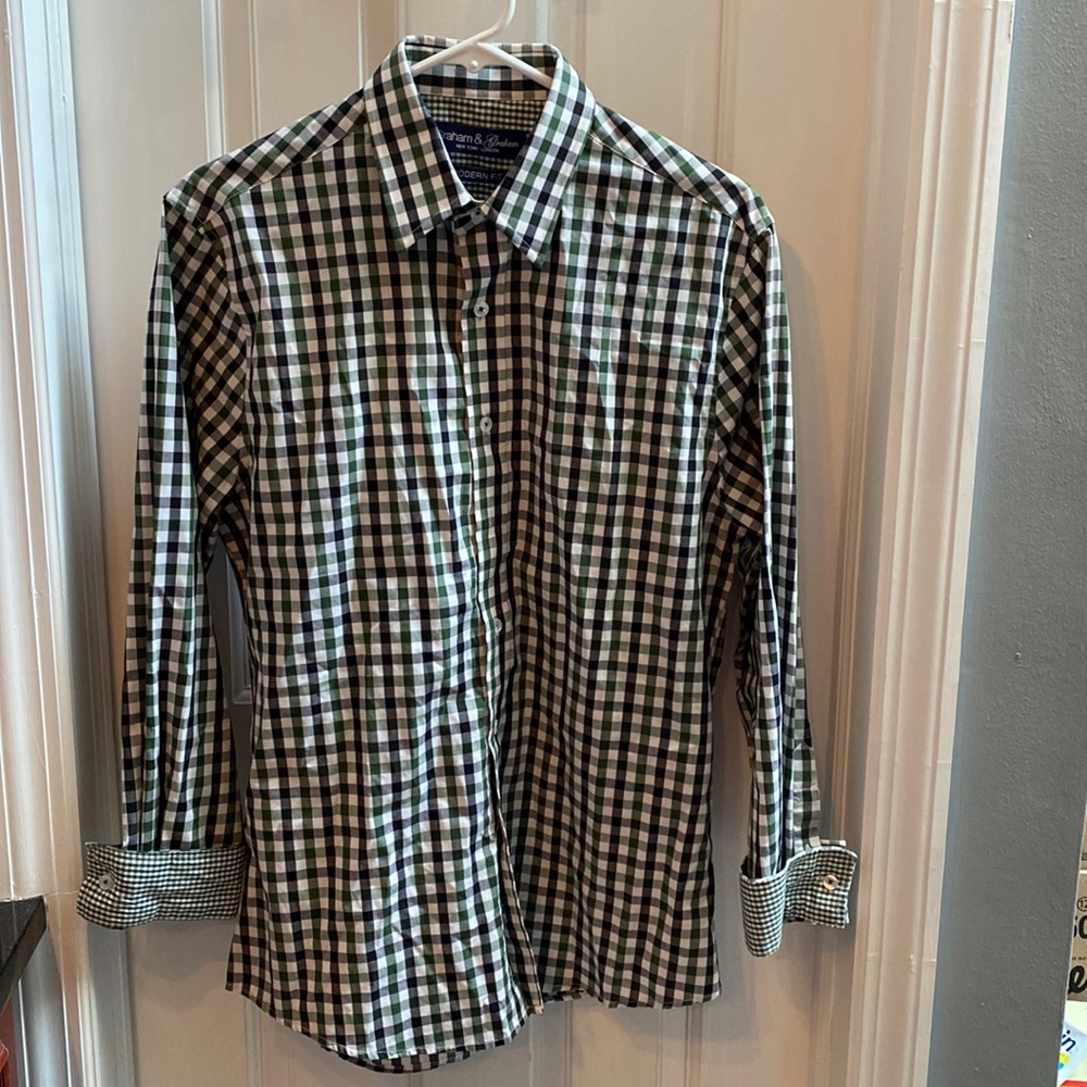 Graham & Graham Men’s Button Down Shirt- Green/Black/White Checkered- 14.5-15